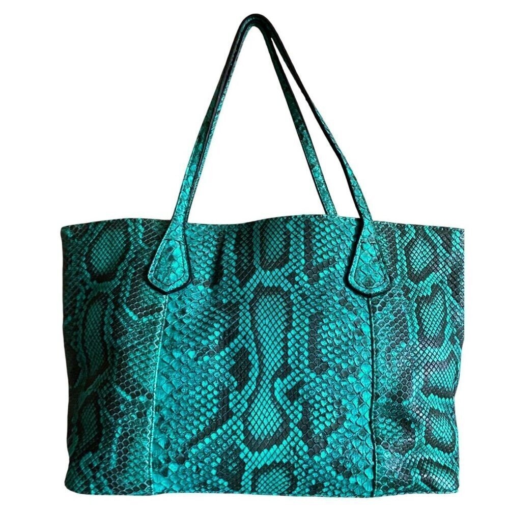 Lucchese Python Leather Tote Bag Turquoise Black Western Luxury Shoulder Bag - Picture 3 of 13